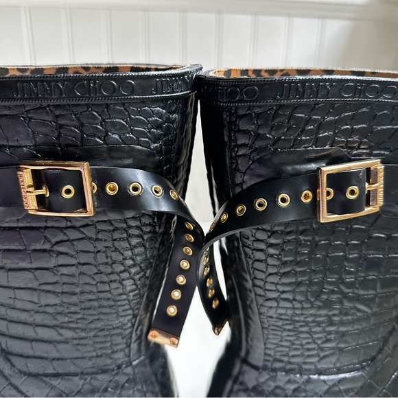 Hunter & Jimmy Choo Crocodile Embossed Rubber Rain Boots Black Size 8M - Picture 6 of 8